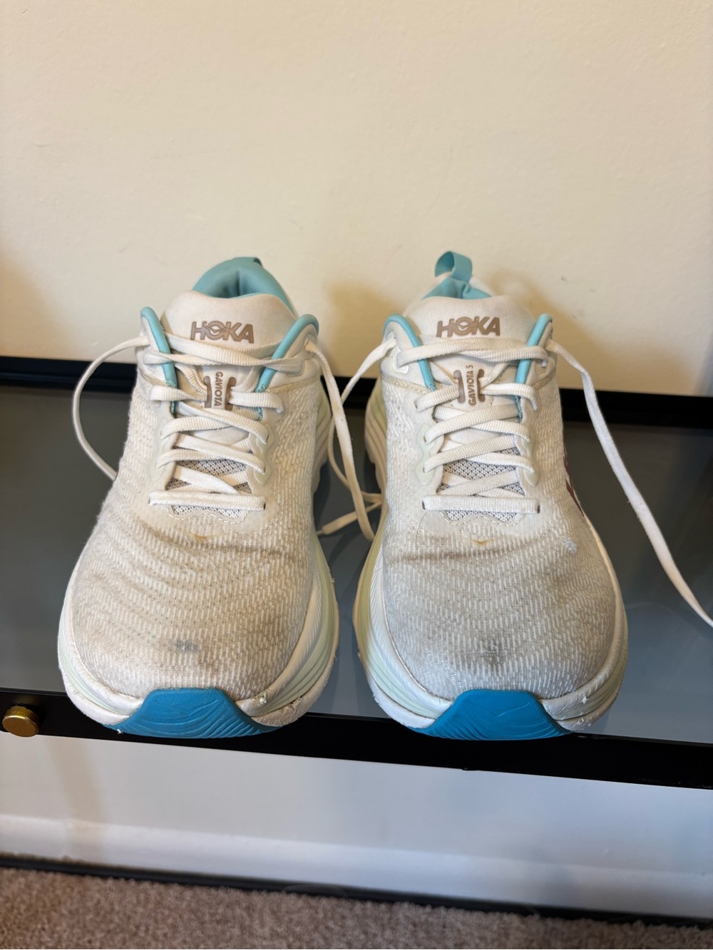 Hoka White and Light Blue Women's Athletic Running Shoes